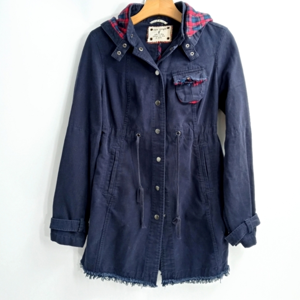Free People Blue Canvas Snap Front Removable Hood Jacket